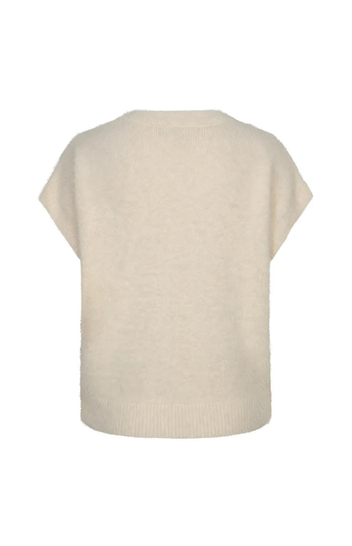 Sleeveless Fuzzy Red Button Cream